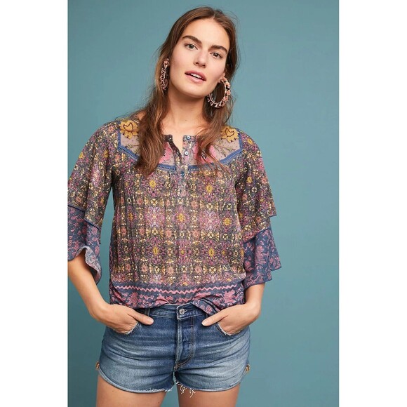 Anthropologie Postmark Blouse S  Boho peasant Embroidered Flounce Sleeves - Picture 1 of 13